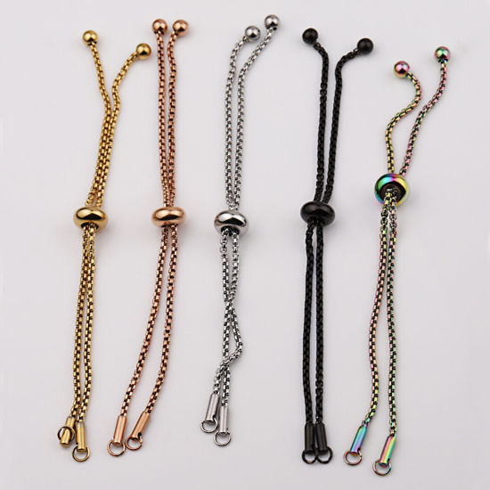 Picture of 304 Stainless Steel Box Chain Semi-finished Adjustable Slider/ Slide Bolo Bracelets For DIY Handmade Jewelry Making Multicolor 12cm(4 6/8") long
