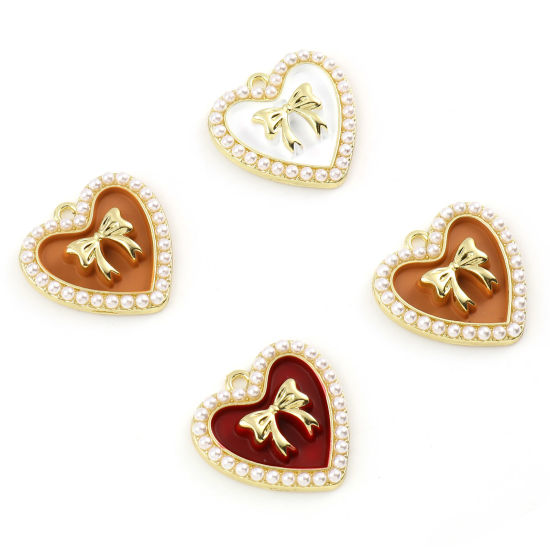 Immagine di Lega di Zinco Charms Cuore Oro Placcato Multicolore Cravatta a Farfalla Smalto 21mm x 21mm , 5 Pz