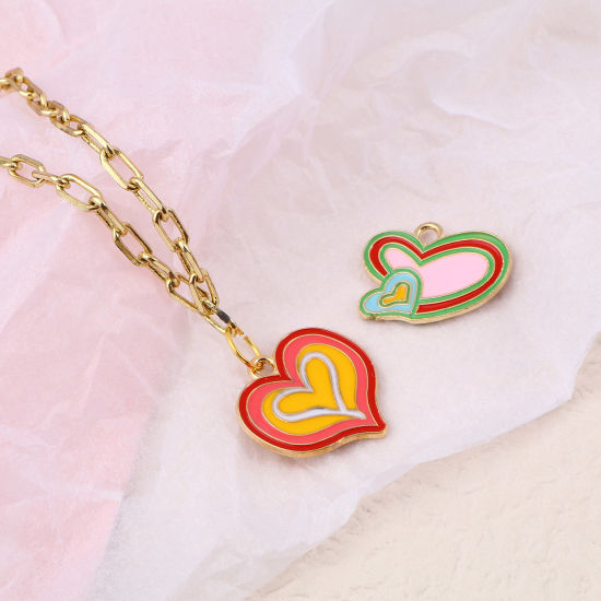 Immagine di Lega di Zinco San Valentino Charms Cuore Oro Placcato Multicolore Smalto 10 Pz
