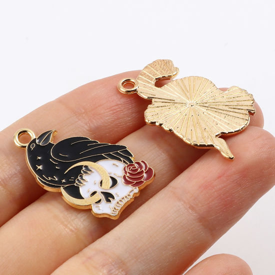 Picture of Zinc Based Alloy Halloween Pendants Gold Plated Multicolor Skeleton Skull Enamel