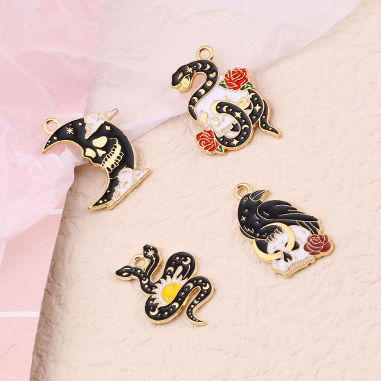 Picture of Zinc Based Alloy Halloween Pendants Gold Plated Multicolor Skeleton Skull Enamel
