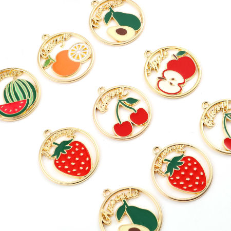 Lega di Zinco Ciondoli Tondo Oro Placcato Multicolore Frutta Smalto 3.1cm x 2.8cm , 10 Pz