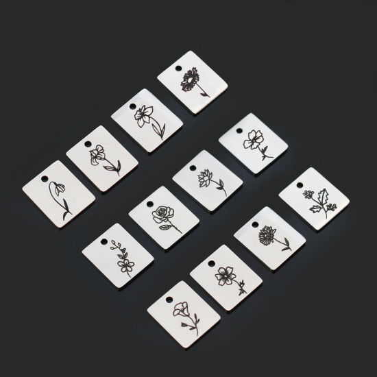 Picture of 304 Stainless Steel Birth Month Flower Charms Silver Tone Black Rectangle Flower