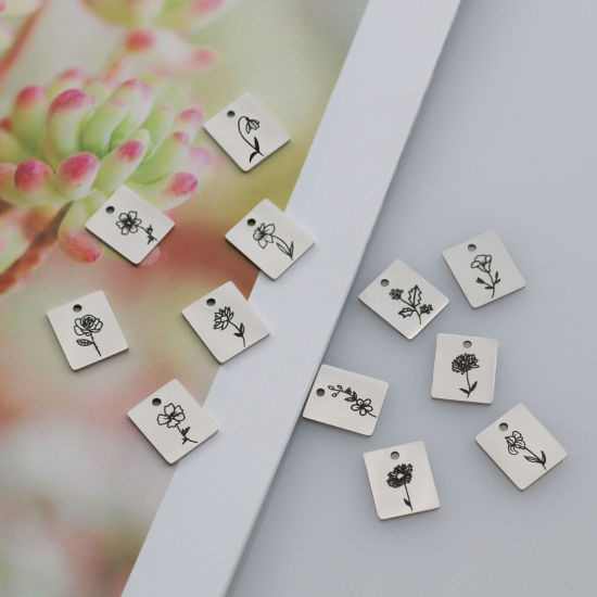 Picture of 304 Stainless Steel Birth Month Flower Charms Silver Tone Black Rectangle Flower