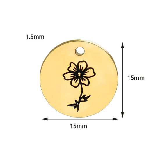 Immagine di 304 Acciaio Inossidabile Fiore del Mese di Nascita Charms Tondo Oro Placcato Nero Fiore 1 Pz
