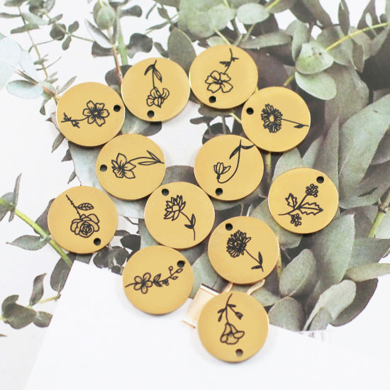 Immagine di 304 Acciaio Inossidabile Fiore del Mese di Nascita Charms Tondo Oro Placcato Nero Fiore 1 Pz