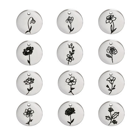1 Pièce Breloques en 304 Acier Inoxydable Fleur de Mois de Naissance Argent Mat Noir Disque Rond 15mm Dia.
