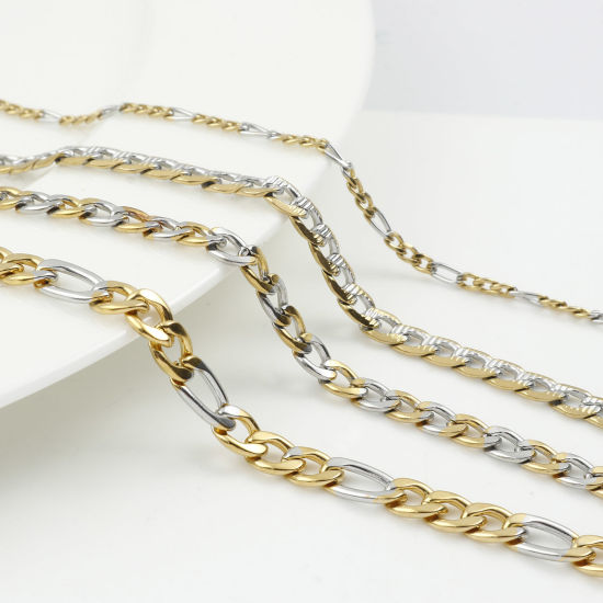 Image de Chaîne à Maillons Cubains Colliers en Acier Inoxydable Plaqué Or & Argent Mat 60cm Long, 1 Pièce