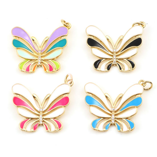 Immagine di Ottone Insetto Charms Oro Placcato Multicolore Farfalla Smalto Trasparente Strass 1 Pz