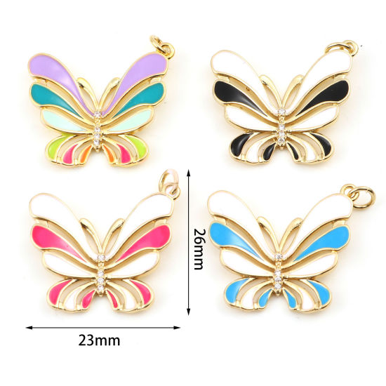 Immagine di Ottone Insetto Charms Oro Placcato Multicolore Farfalla Smalto Trasparente Strass 1 Pz