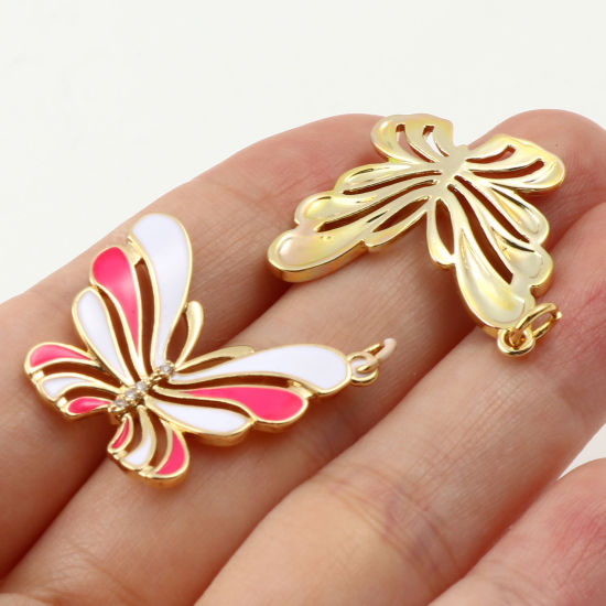 Immagine di Ottone Insetto Charms Oro Placcato Multicolore Farfalla Smalto Trasparente Strass 1 Pz