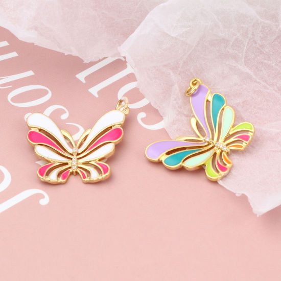 Immagine di Ottone Insetto Charms Oro Placcato Multicolore Farfalla Smalto Trasparente Strass 1 Pz