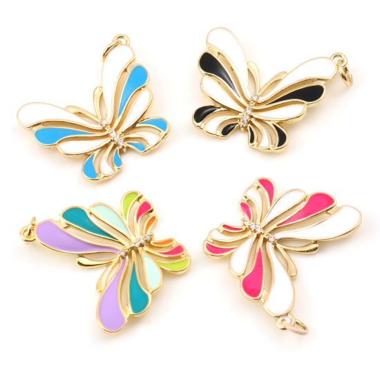 Immagine di Ottone Insetto Charms Oro Placcato Multicolore Farfalla Smalto Trasparente Strass 1 Pz