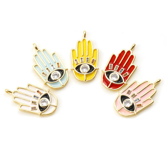 Picture of Brass Religious Charms Hamsa Symbol Hand Real Gold Plated Multicolor Enamel Clear Cubic Zirconia 24mm x 13mm, 1 Piece