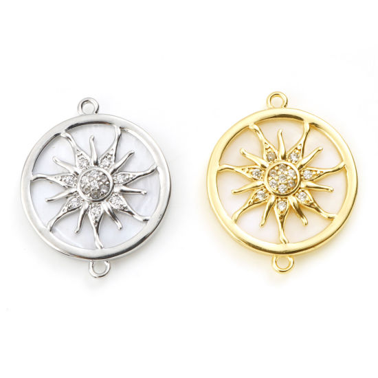 Imagen de Concha + Latón Galaxia Conectores Multicolor Ronda Sol Blanco Micro Pave Claro Circón Artificial 22mm x 18mm, 1 Unidad