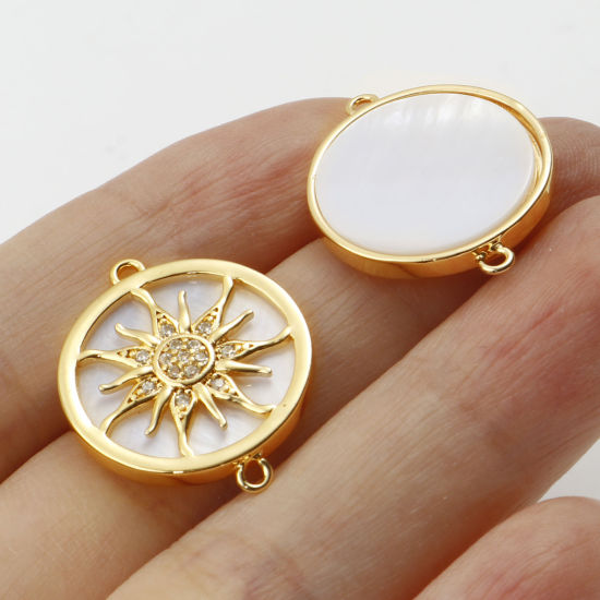 Imagen de Concha + Latón Galaxia Conectores Multicolor Ronda Sol Blanco Micro Pave Claro Circón Artificial 22mm x 18mm, 1 Unidad