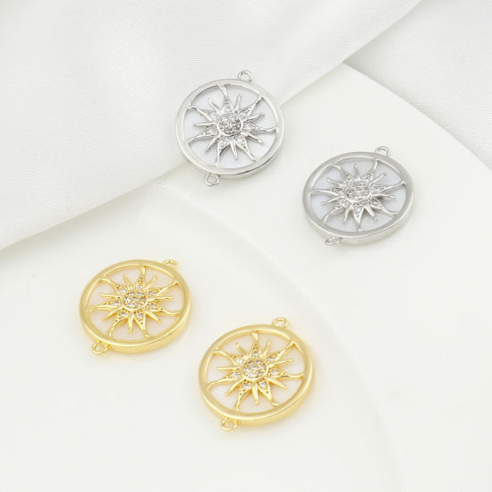 Imagen de Concha + Latón Galaxia Conectores Multicolor Ronda Sol Blanco Micro Pave Claro Circón Artificial 22mm x 18mm, 1 Unidad