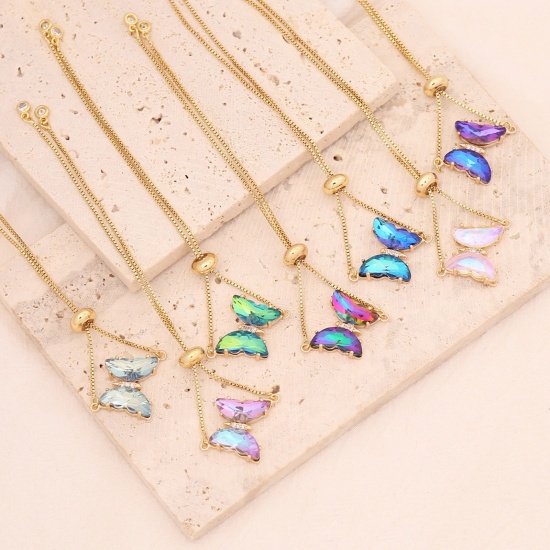 Imagen de Latón Insecto Ajustable Slider/ Slide Pulsera Chapado en Oro Mariposa Multicolor Circón Artificial 1 Unidad