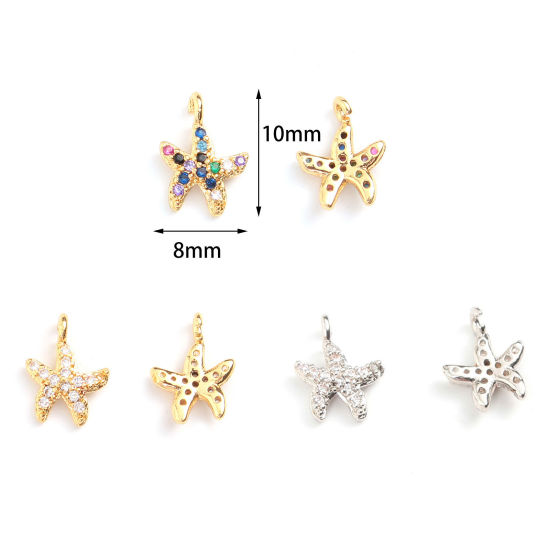 Изображение Латунь Морские Украшения Подвески Морская Звезда Бижутерия усыпанная мелким фианит Разноцветный Искусственный Циркон 10мм x 8мм, 1 ШТ