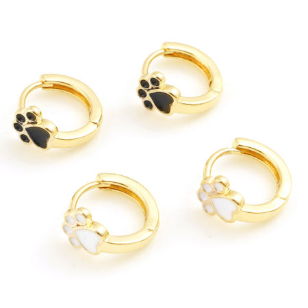 Picture of Brass Pet Memorial Hoop Earrings Real Gold Plated Dog Paw Claw Enamel 12mm x 11.6mm, Post/ Wire Size: (18 gauge)