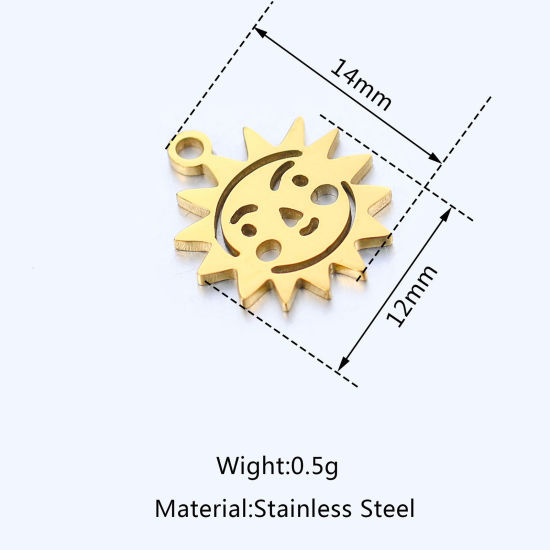 304ステンレス鋼 チャーム 太陽 多色 笑顔 透かし 14mm x 12mm、 5 個 の画像