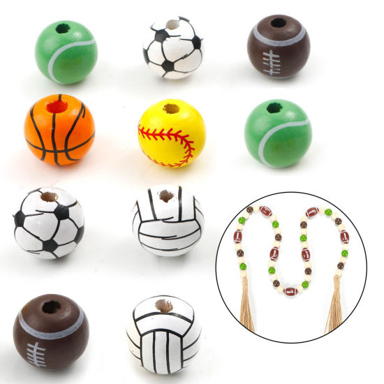 Image de Perles Sport Intercalaires en Bois Naturel Balle Multicolore 16mm Dia, 20 Pcs