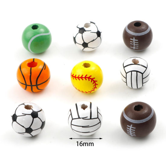 Image de Perles Sport Intercalaires en Bois Naturel Balle Multicolore 16mm Dia, 20 Pcs