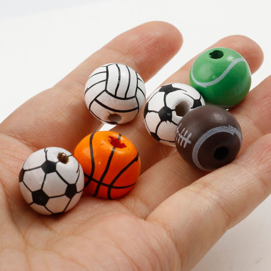 Image de Perles Sport Intercalaires en Bois Naturel Balle Multicolore 16mm Dia, 20 Pcs