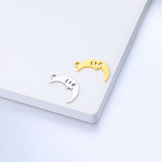 Изображение 304 Нержавеющая Сталь Гладкая поверхность Гладкая поверхность Подвески Луна половина Разноцветный Луна лицо 14мм x 8мм, 5 ШТ