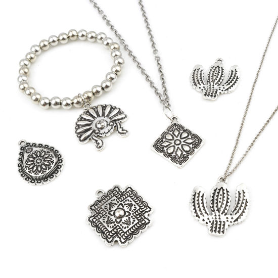 Picture of Zinc Based Alloy Flora Collection Charms Antique Silver Color Flower Cactus