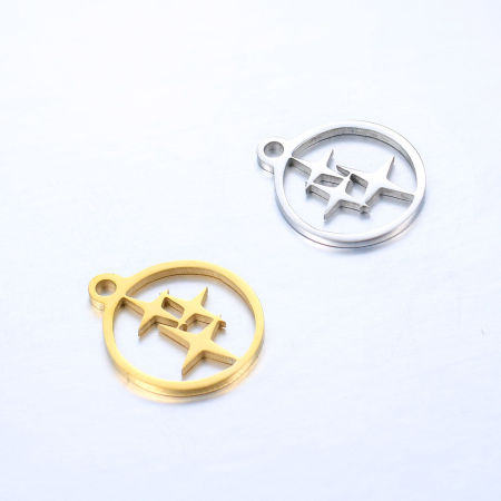 304 Stainless Steel Weather Collection Charms Multicolor Round Four-pointed star Hollow 14mm x 12mm