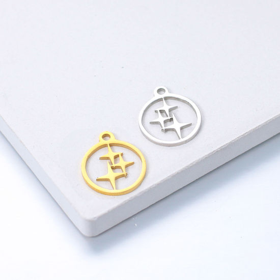Picture of 304 Stainless Steel Weather Collection Charms Multicolor Round Four-pointed star Hollow 14mm x 12mm