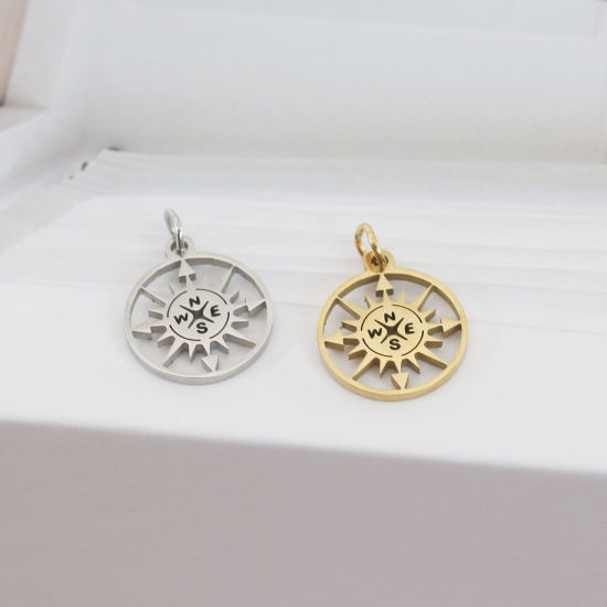 Изображение 304 Нержавеющая Сталь Туризм Туризм Подвески Круглые Разноцветный Компас ажурная резьба 20мм x 15мм, 1 ШТ