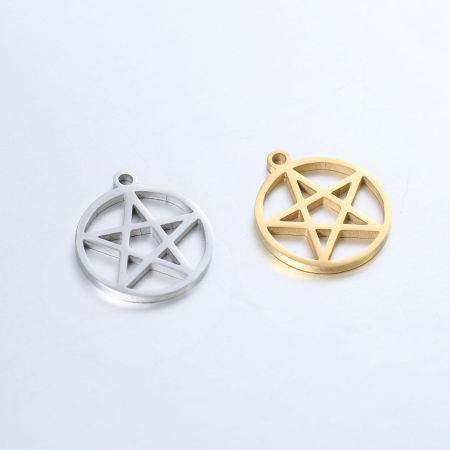 Bild von 304 Edelstahl Charms Rund Bunt Pentagramm Hohl 17mm x 15mm