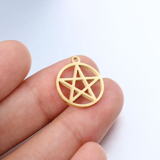 Picture of 304 Stainless Steel Charms Multicolor Round Pentagram Star Hollow 17mm x 15mm