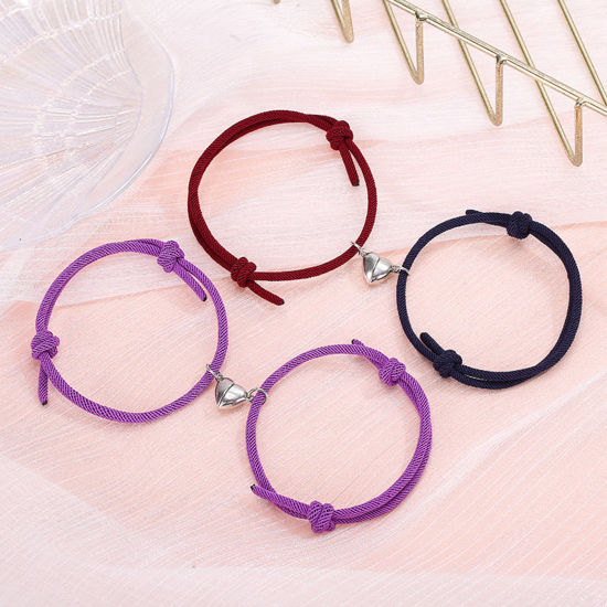 Picture of Polyamide Nylon Couple Waved String Braided Friendship Bracelets Silver Tone Multicolor Heart Magnetic