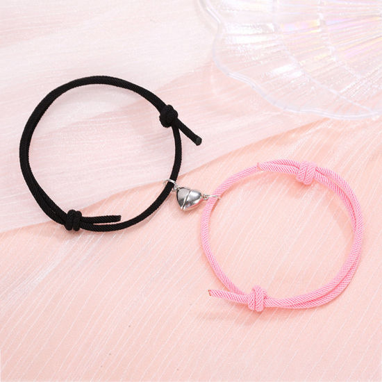 Picture of Polyamide Nylon Couple Waved String Braided Friendship Bracelets Silver Tone Multicolor Heart Magnetic