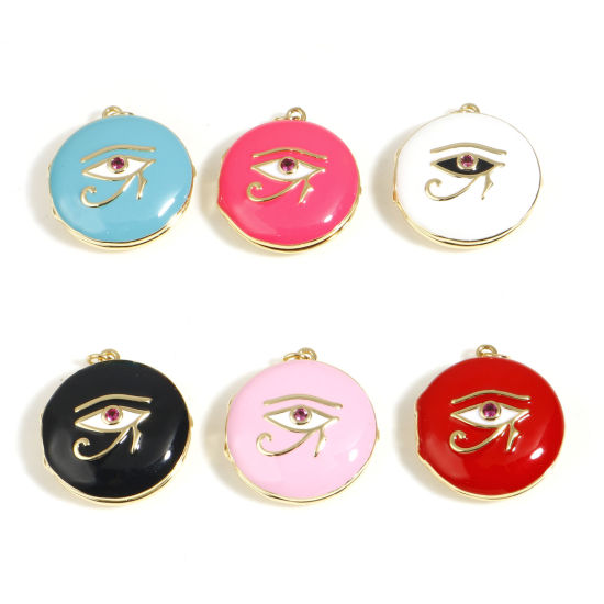 Picture of Brass Religious Picture Photo Locket Frame Pendents Gold Plated Multicolor Round The Eye Of Horus Enamel Red Rhinestone 3cm x 2.5cm                                                                                                                           