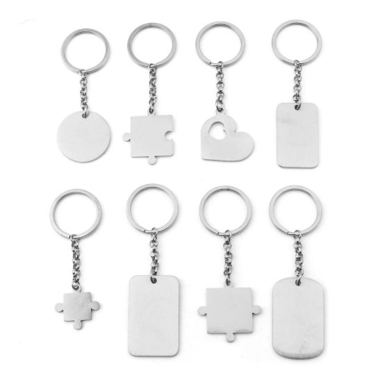 Picture of 304 Stainless Steel Keychain & Keyring Silver Tone Geometric Blank Stamping Tags Two Sides