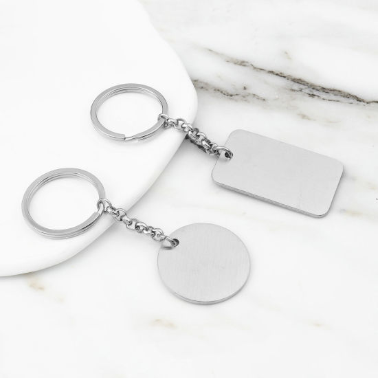 Picture of 304 Stainless Steel Keychain & Keyring Silver Tone Geometric Blank Stamping Tags Two Sides