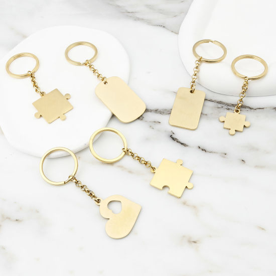 Picture of 304 Stainless Steel Keychain & Keyring Gold Plated Geometric Blank Stamping Tags Two Sides