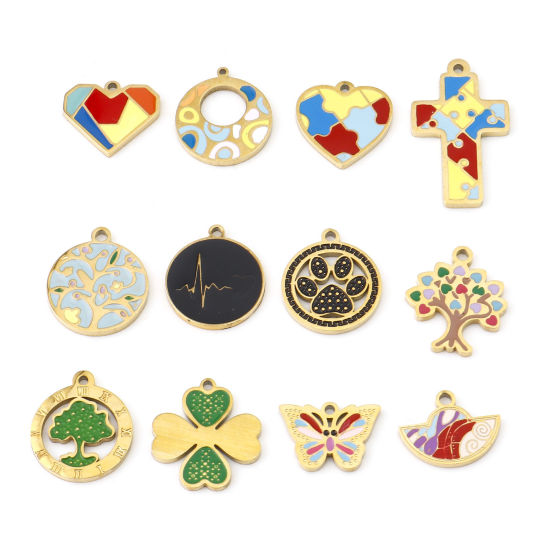 Изображение 304 Нержавеющая Сталь Подвески Сердце Позолоченный Разноцветный Дерево С Эмалью 1 ШТ