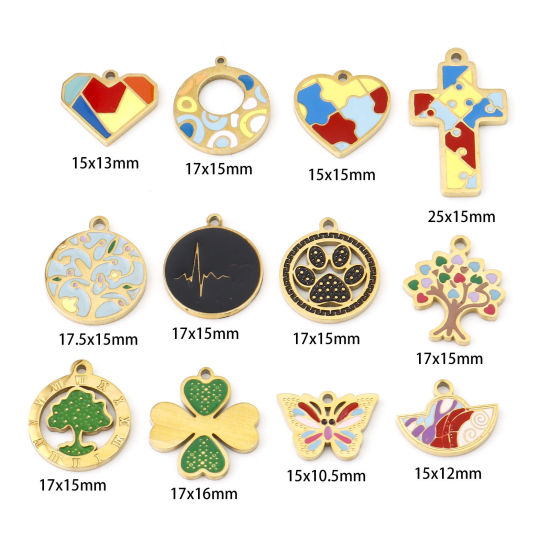 Изображение 304 Нержавеющая Сталь Подвески Сердце Позолоченный Разноцветный Дерево С Эмалью 1 ШТ