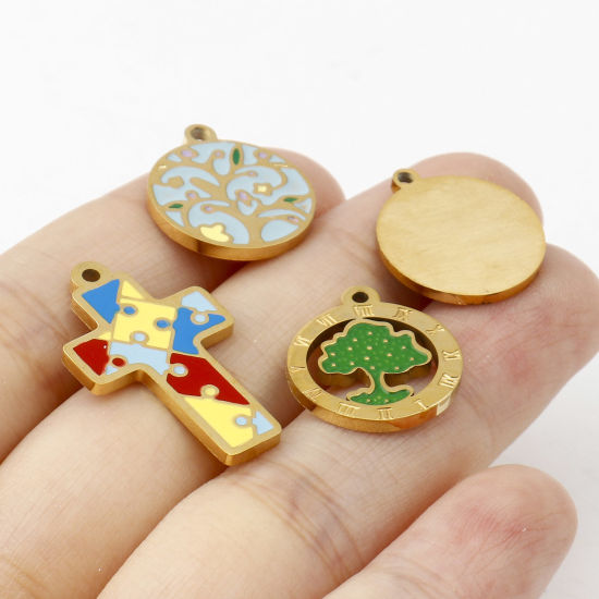 Изображение 304 Нержавеющая Сталь Подвески Сердце Позолоченный Разноцветный Дерево С Эмалью 1 ШТ