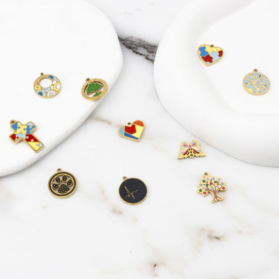 Изображение 304 Нержавеющая Сталь Подвески Сердце Позолоченный Разноцветный Дерево С Эмалью 1 ШТ