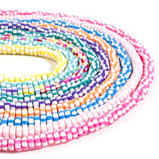 Bild von Polymer Ton Perlen Flachrund Bunt, mit Streifen Muster, 2 Stränge