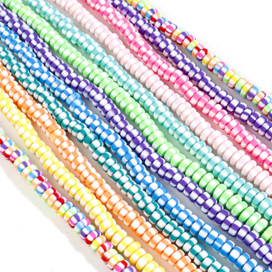 Bild von Polymer Ton Perlen Flachrund Bunt, mit Streifen Muster, 2 Stränge