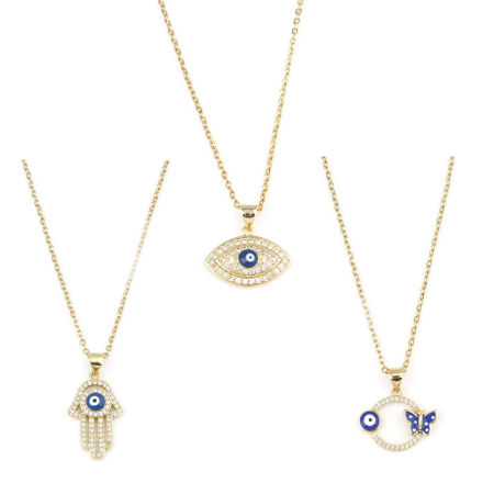Picture of Stainless Steel & Copper Religious Link Cable Chain Necklace Gold Plated Evil Eye Hamsa Symbol Hand Clear Cubic Zirconia