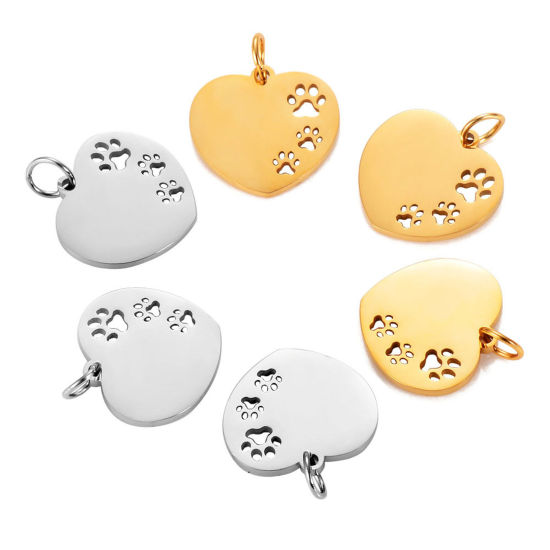 Picture of Stainless Steel Pet Memorial Charms Multicolor Heart Paw Claw Hollow 23mm x 18mm