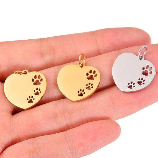 Picture of Stainless Steel Pet Memorial Charms Multicolor Heart Paw Claw Hollow 23mm x 18mm